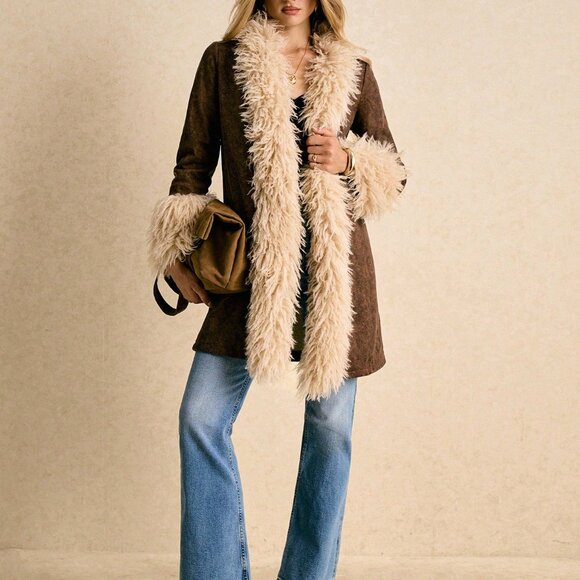 Brown Boho Casual Women's Contrast Shaggy Faux Fur Mid-Length Jacket - Picture 5 of 10